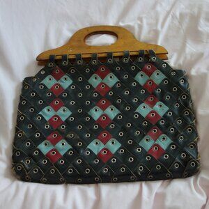 Vintage Black Leather Tote Bag with Pattern and Wood Handle